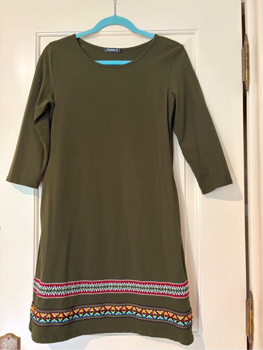 Thanth Olive Green Long-Sleeve Mini Dress with Embroidered Hem Size S
